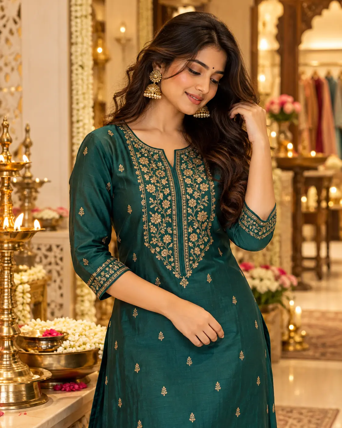 ডিপ টিল সিল্ক এমব্রয়ডারি কুর্তি